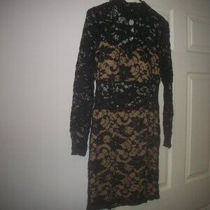 womens Sexy black lace dress. nude lining.sheer waist and arms. size large